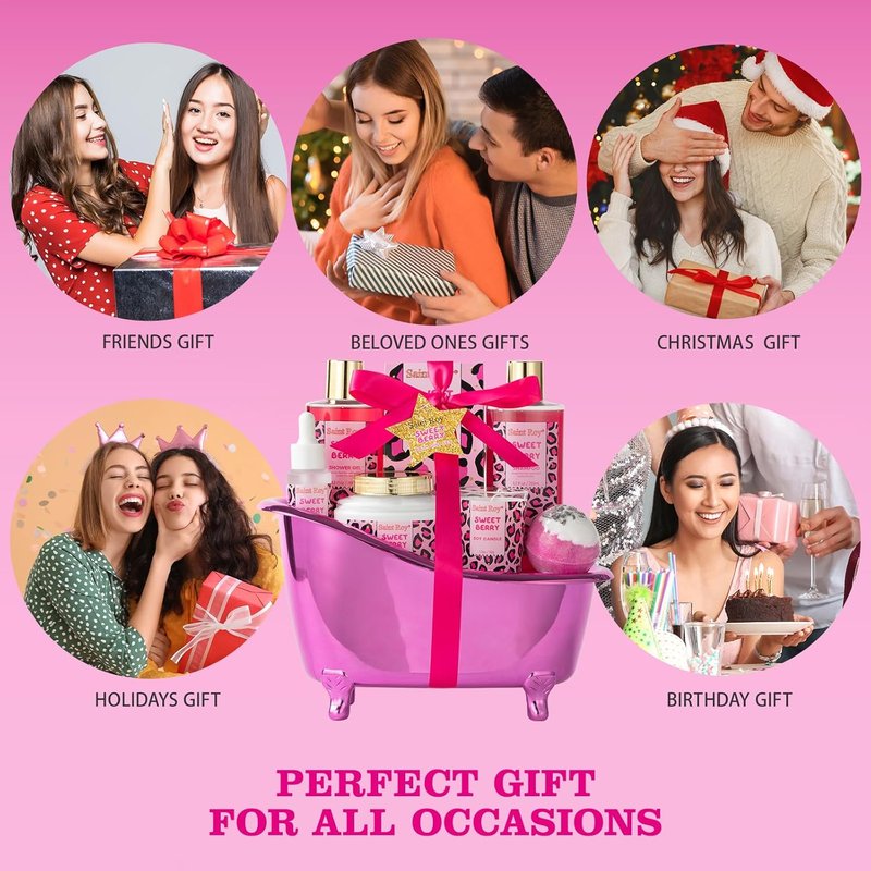 Bath and Body Spa Gift Basket - Relaxing Self-Care Set for Women | Sweet Berry Shower Essentials for Teens & Moms