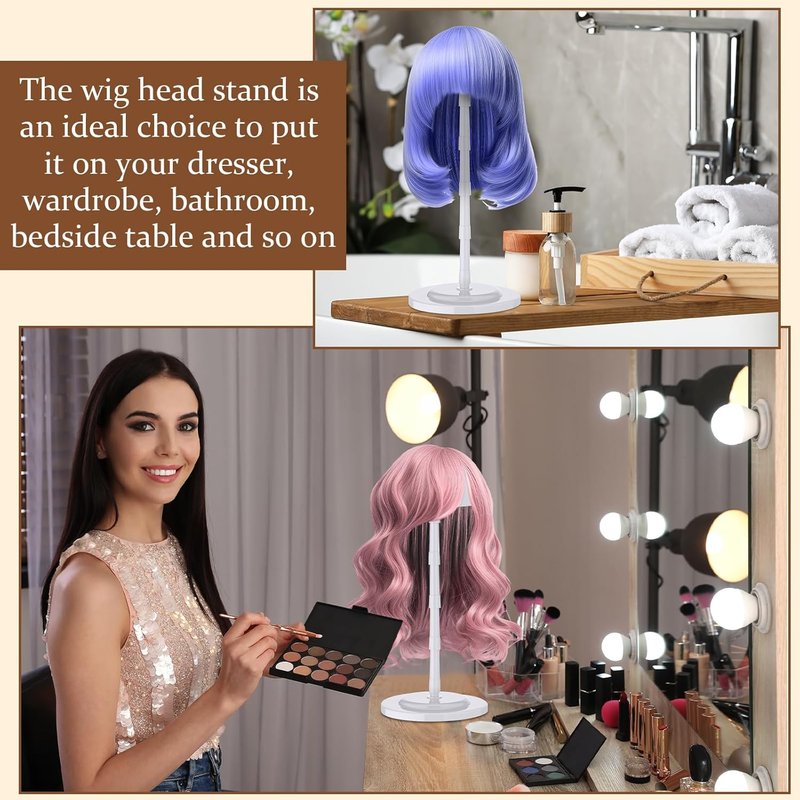 Adjustable Wig Stand Set - 8 Pcs Portable Plastic Holders for Display | 4.53 to 14.37 Inches, Non-Slip Design (White)