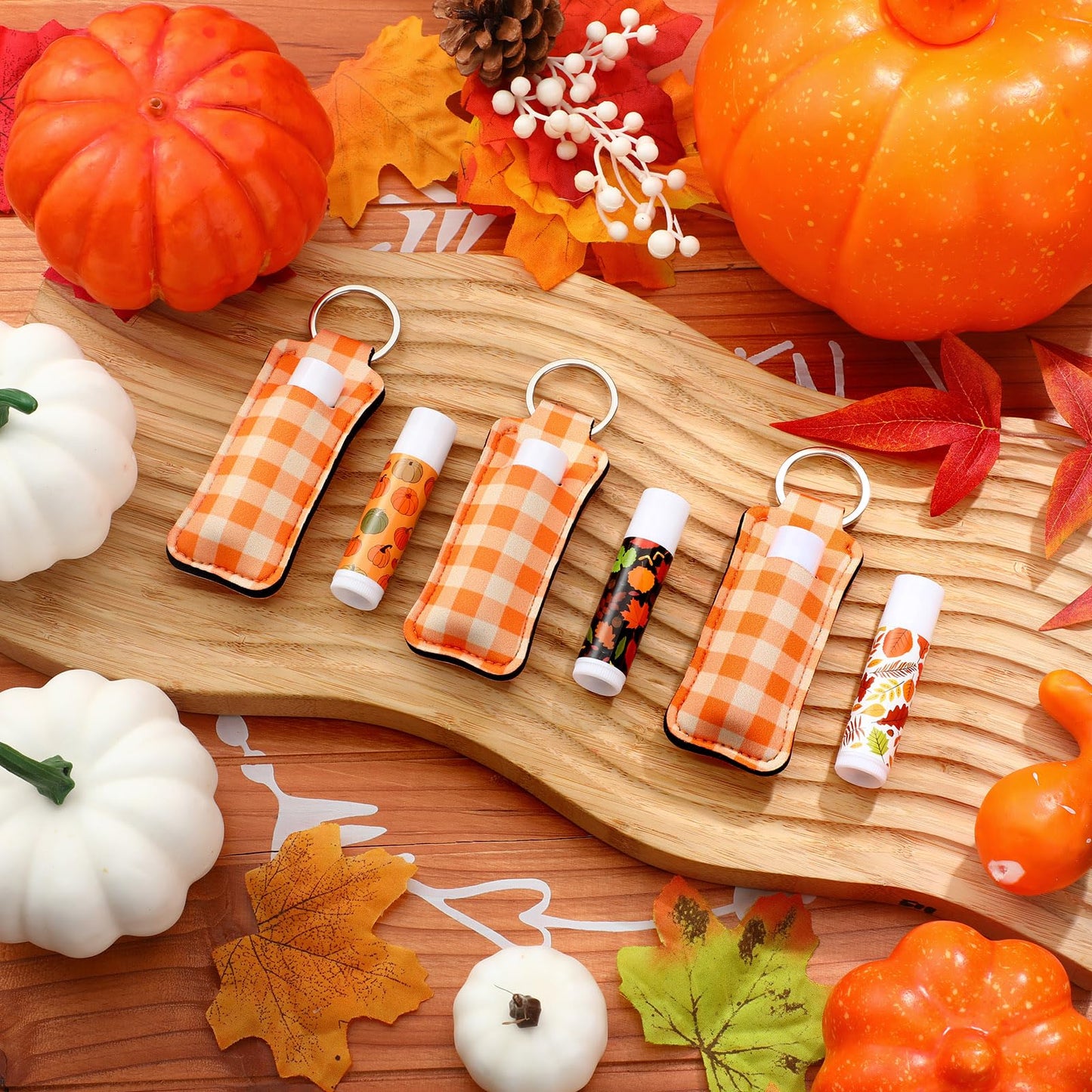 Swiffen 18 Sets Fall Maple Leaf Pumpkin Lip Balm and Holder Keychains Set Pumpkin Party Favors Bulk for Women Employee Basket Christma Stocking Stuffers Goodie Bag