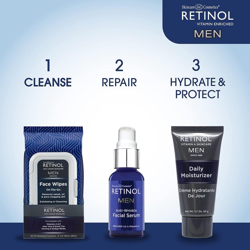 Retinol Men's Face Wipes - Micellar Cleansing Wipes for Sweat, Oil & Dirt Removal | 60 Count, Alcohol-Free, Travel Size