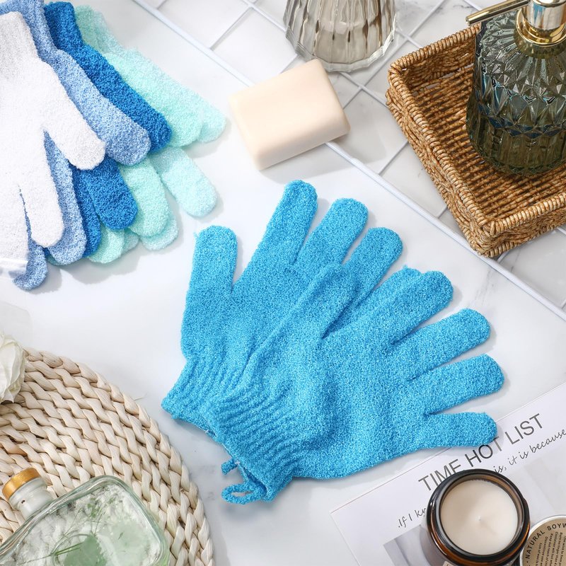 Cuffbow 90 Pcs 45 Pairs Exfoliating Double Sided Bath Gloves with Hanging Loop Colorful Body Shower Gloves for Men Women Beauty Spa Massage Clean Shower Skin Bathing Scrubber Accessories(Blue)