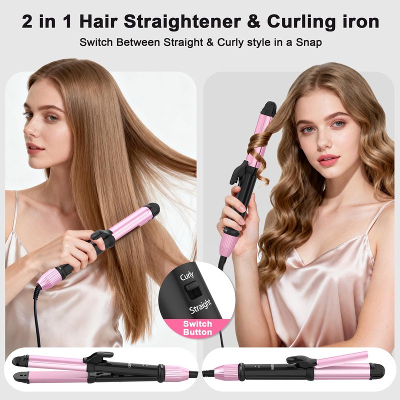 Dual Voltage Curling Iron for Travel,110V-240V Curling Iron 1 inch with European Plug Adapter,2 in 1 Hair Straightener and Curler(Pink)