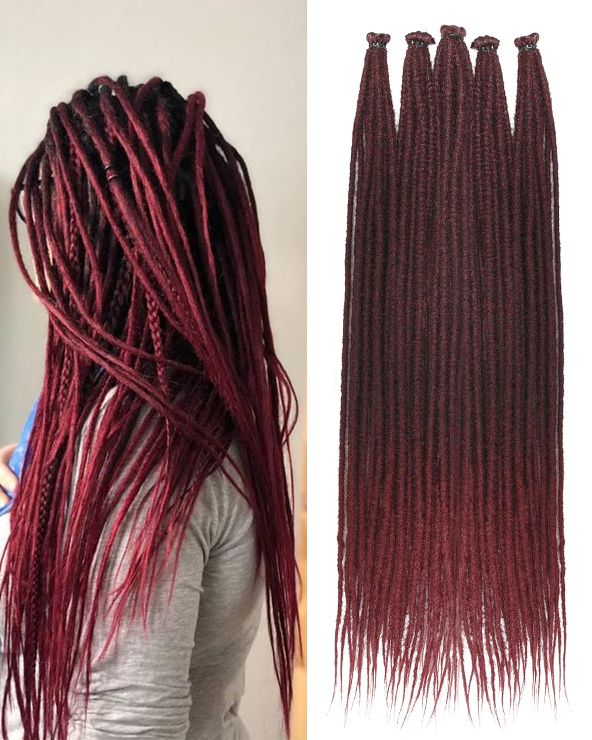 Dreadlock Extensions - 24 Inch Ombre Burgundy Faux Locs | Soft Synthetic Hair, 50 Strands, 0.6 cm Width
