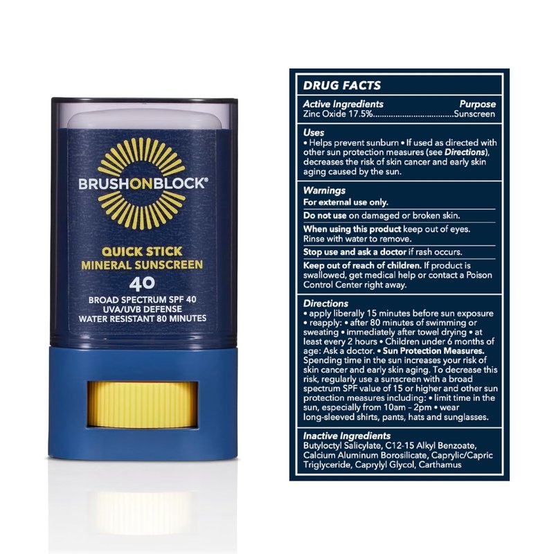 Brush On Block SPF 40 Mineral Sunscreen Stick - Water Resistant UVA/UVB Protection | Reef Friendly, 0.63 oz