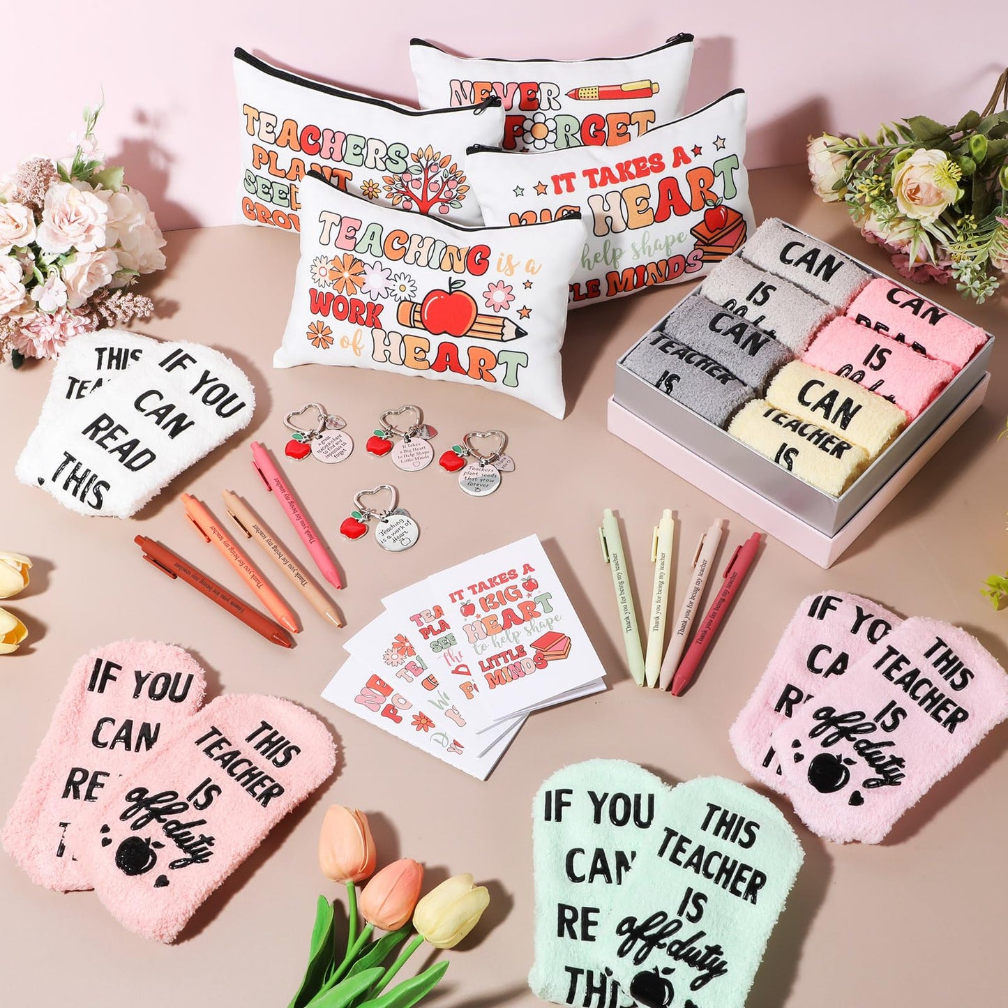 Fulmoon 40 Pcs Teacher Appreciation Gifts Thank You Teacher Gifts Bulk Socks Makeup Bags Keychains Motivational Notebooks Ballpoints(Wood Color,Teach Love Inspire)