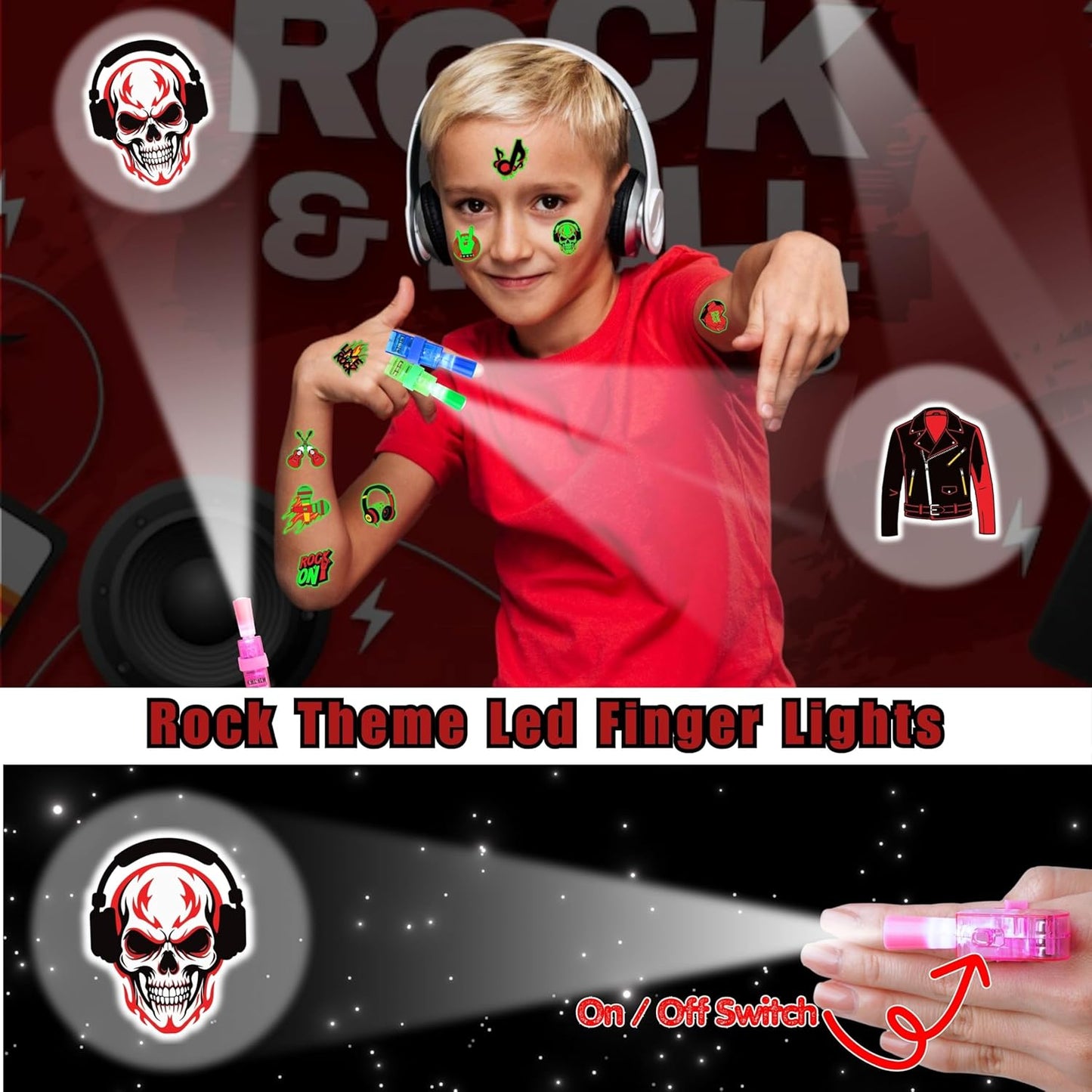Rock Party Favors - 72 PCS LED Finger Lights & Tattoos Combo | Glow in the Dark Goodie Bag Fillers for Kids