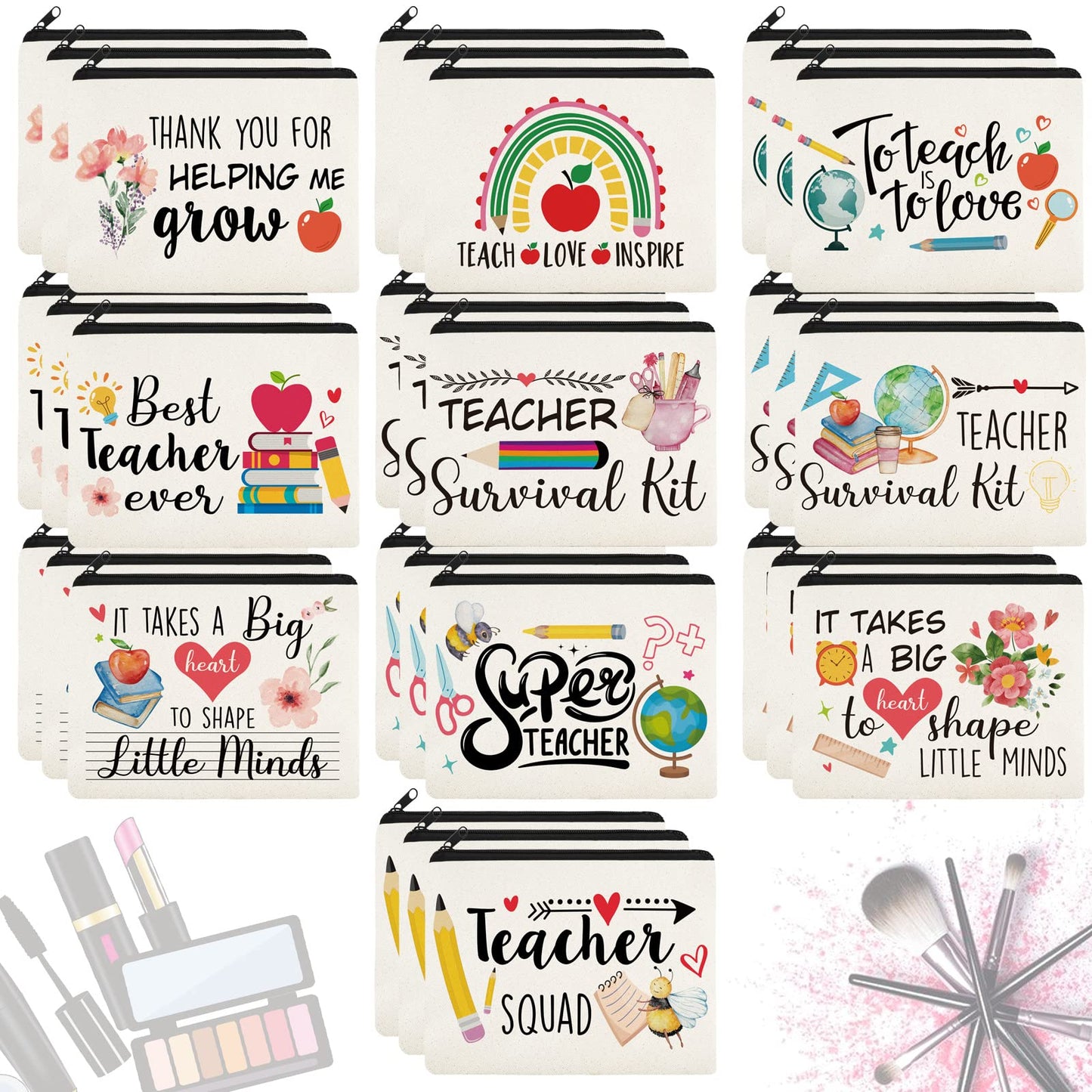 Irenare 30 Pcs Teacher Appreciation Gifts Bulk Thank You Makeup Bags for Women Canvas Cosmetic Pouch with Zipper Educators School Appreciation Gifts Bulk for Teacher Week