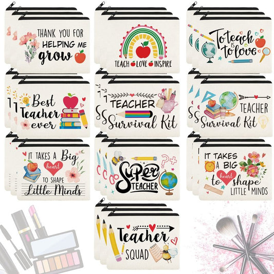 Irenare 30 Pcs Teacher Appreciation Gifts Bulk Thank You Makeup Bags for Women Canvas Cosmetic Pouch with Zipper Educators School Appreciation Gifts Bulk for Teacher Week
