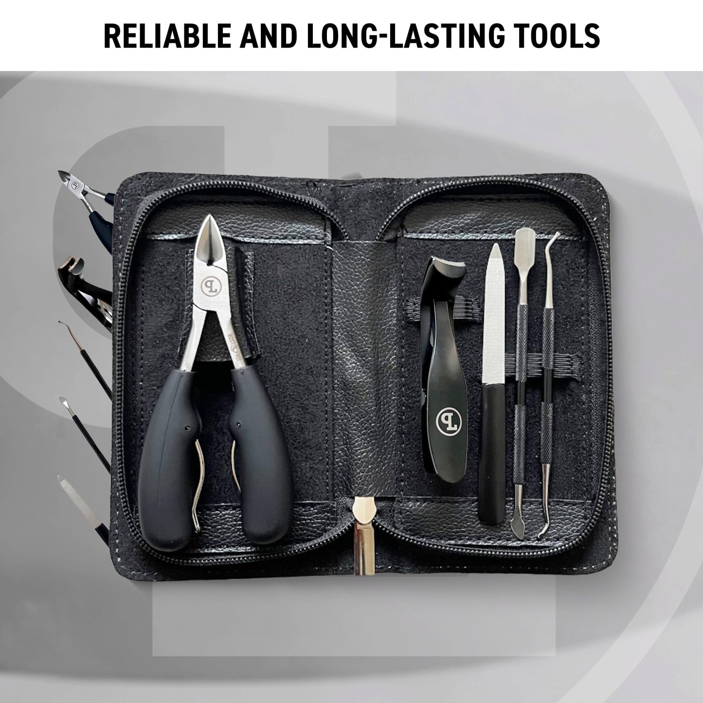 Nail Clipper Set for Thick Toenails - 5-Piece Professional Kit with Angled Head for Seniors, Ingrown Toenail Tools, German Steel, Leather Case - PIUS LANG