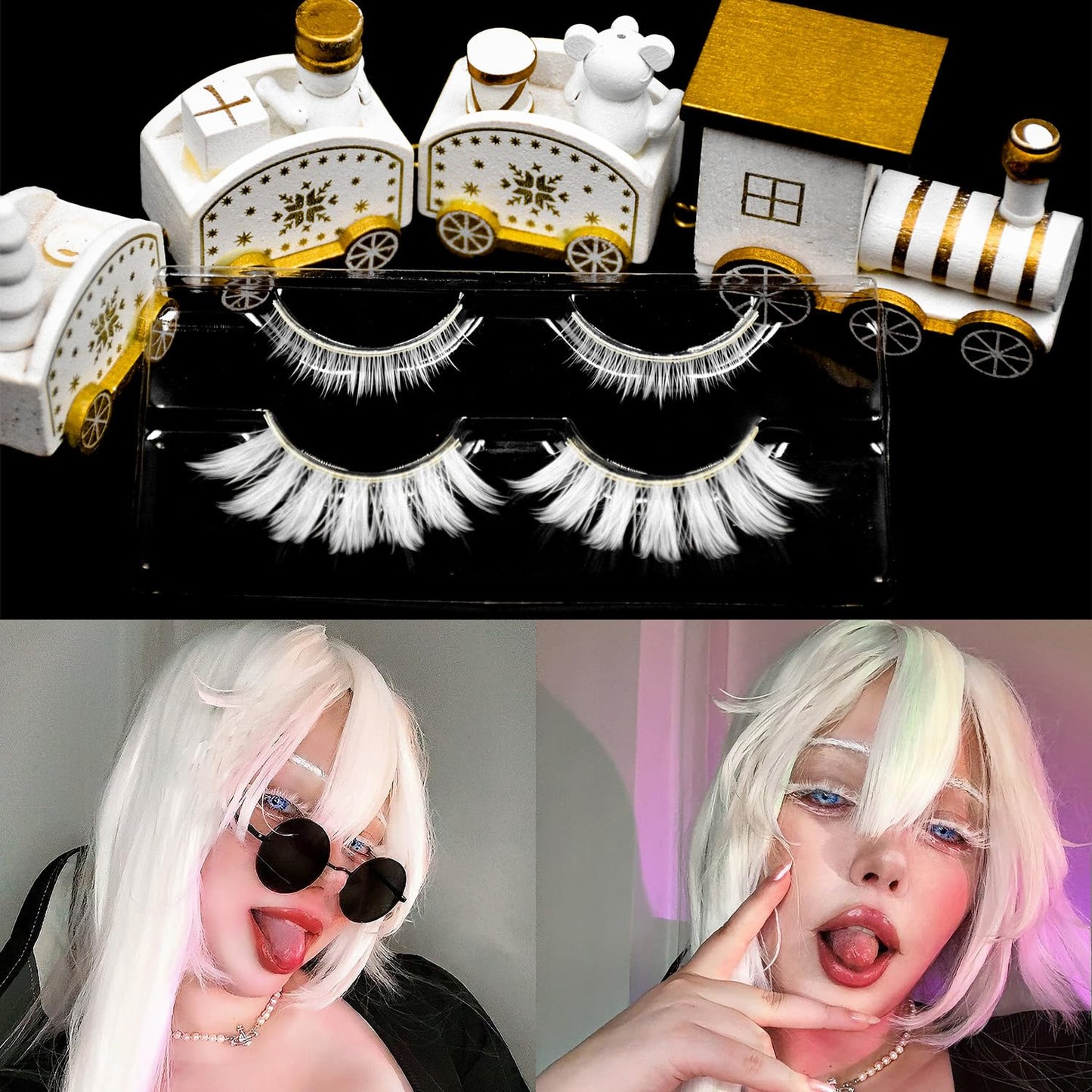 AUGENLI Halloween White False Lashes Upper & Bottom Extension Tools Japanese Anime Cosplay Natural Makeup Looking Masquerade Party Eye Lashes (01A)