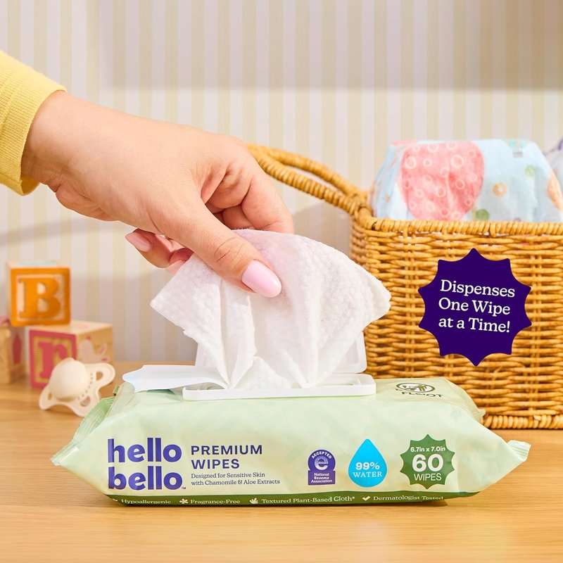 Hello Bello Premium Wipes - Sensitive Skin Formula with Chamomile & Aloe | 12 Resealable Packets (720 Total Wipes)