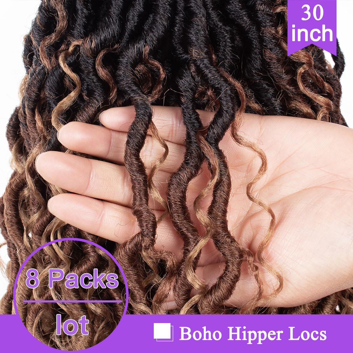 ZRQ 30 Inch Goddess Locs Crochet Hair 8 Packs Ombre Boho Faux Locs Crochet Braids, 3Tone Pre looped Bohmian Locs With Curly End Synthetic Boho River Locs Hair Extension 1B3027#