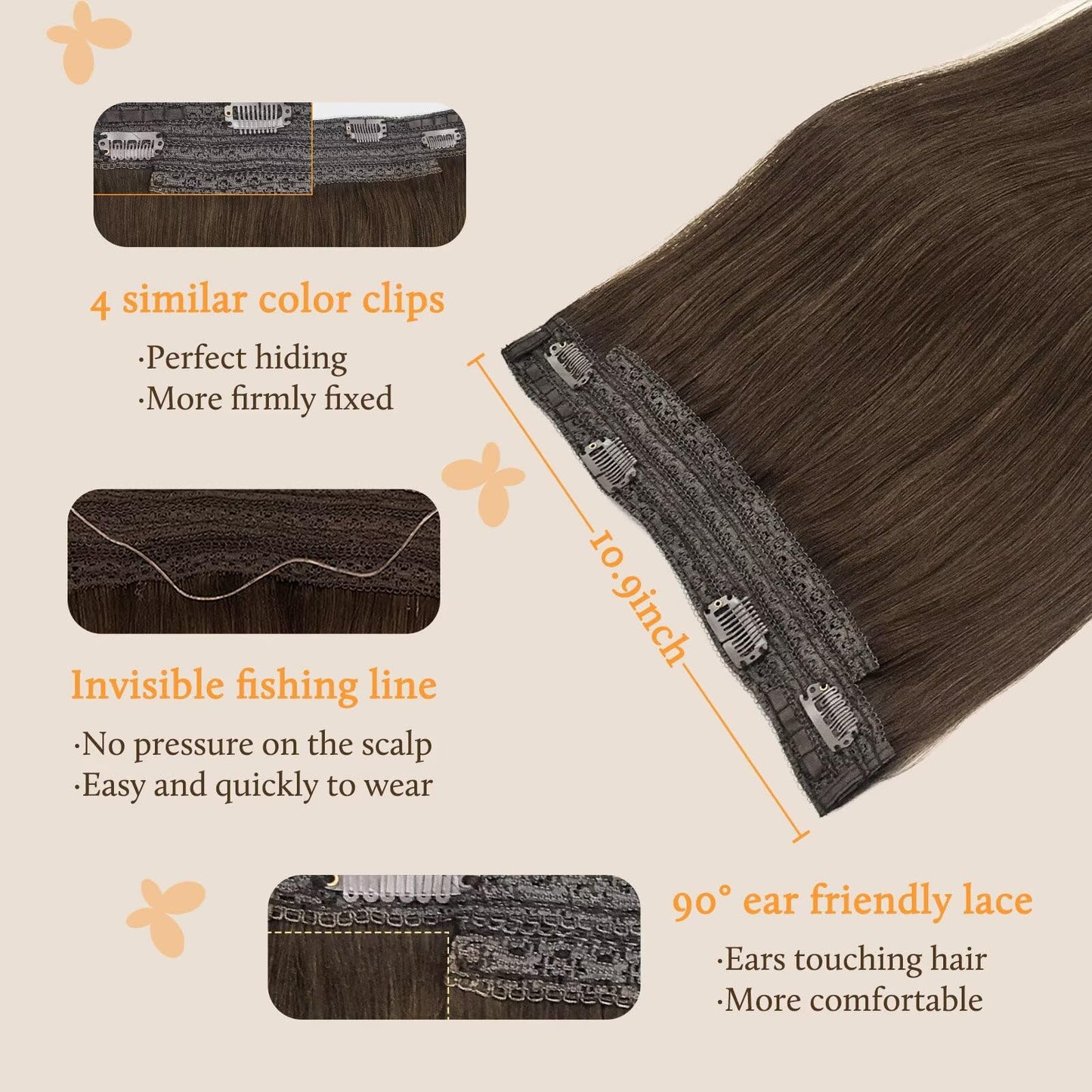 DOORES Wire Hair Extensions Chocolate Brown 14 Inch 75 g Remy Human Wire Hair Extensions Invisible Transparent Line Adjustable Hairpieces Secret Straight