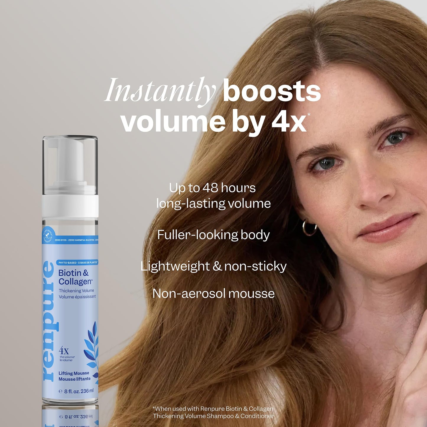 Renpure Biotin & Collagen Thickening Volume Lifting Mousse – Lightweight, Non-Sticky Foam for Fuller, Thicker-Looking Hair – Volume Up to 48HR – Plant-Based, Vegan Formula – 8 Fl Oz