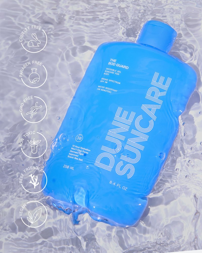 DUNE SUNCARE The Bod Guard - Award-Winning Clear Invisible Gel Body Sunscreen - Broad Spectrum SPF 30 Protection, 72 Hour Hydration, 40 Mins. Water Resistant, Reef Friendly, Non-Greasy (8.4 Fl Oz)