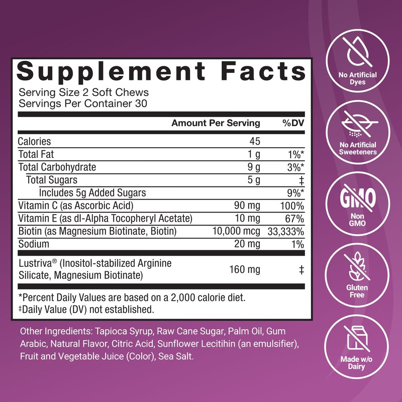 Force Factor Hair Growth Accelerator Soft Chews, Hair Growth Vitamins for Women and Men with Clinically Studied Lustriva and Biotin, Promotes Thicker, Fuller, Stronger Hair, Mixed Berry, 60 Soft Chews