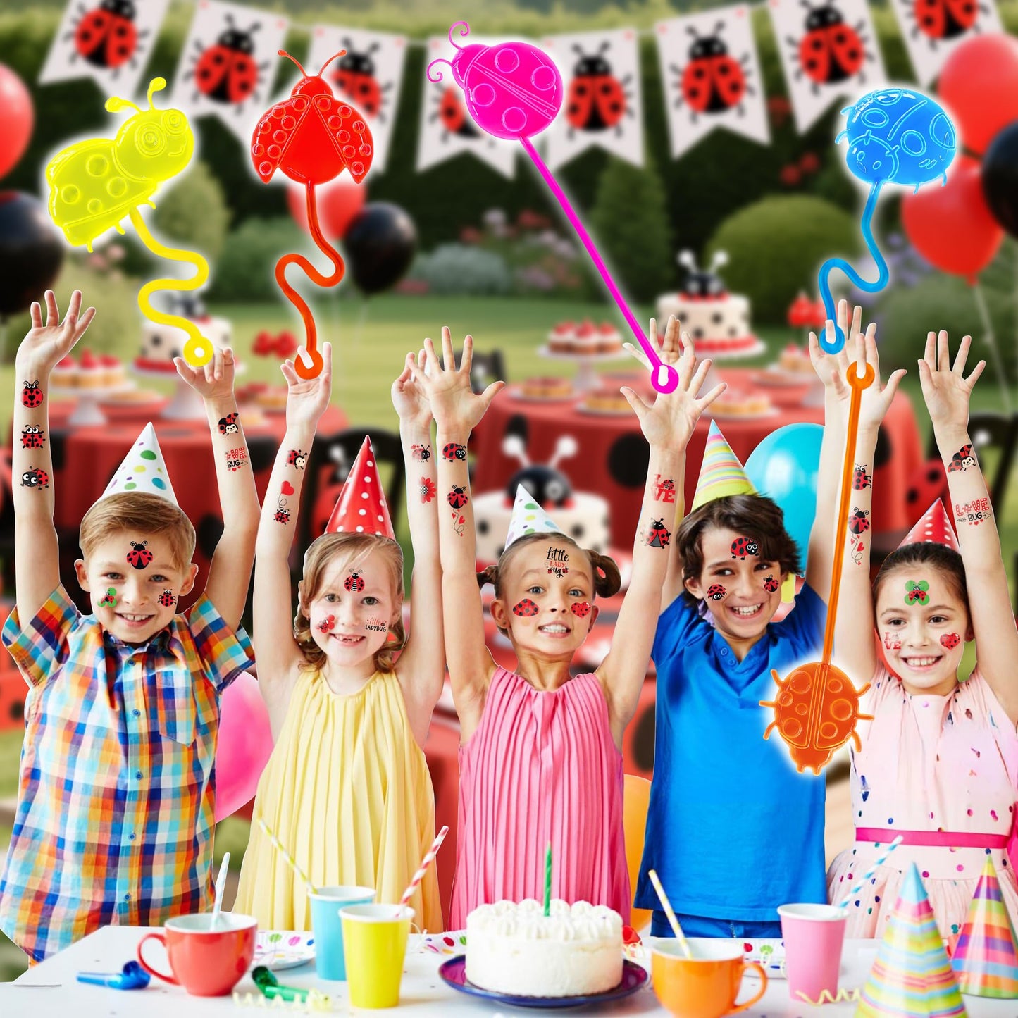 48PCS Ladybug Party Favors - 24PCS Temporary Tattoos & 24PCS Stick Hands Party - Perfect Birthday Party Supplies, Goodie Bag Stuffers, Treasure Box Toys, Classroom Prizes, and Student Gifts