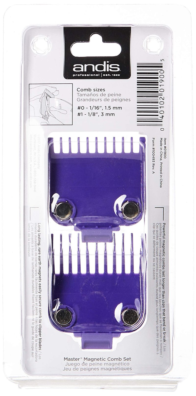 Andis 01900 Master Magnetic Comb Set – Made Up of Polymer Material, Includes Long-Lasting Magnet Infused with Nano Silver Technology – Fits Series MBA, MC-2, ML - 2 Pieces, Purple (Pack of 2)
