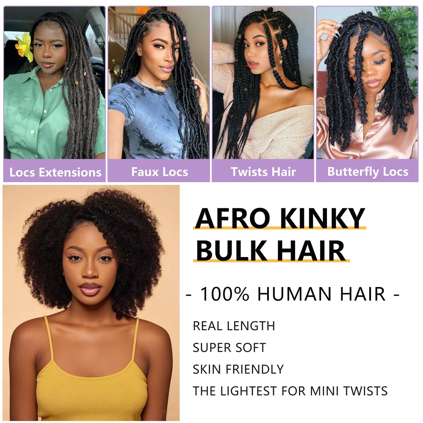 Human Kinkyhair for Twist 10 Inch 2 Bulks Natural Black Afro Kinkys Bulk Human Hair for Dreadlocks Extensions,Repair Locs and Mini Twist