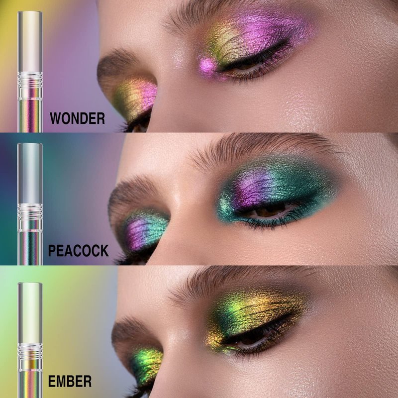 BIOKUSY 3 Colors Metallic Liquid Chameleon Eyeshadow, Multi-Dimensional Eye Looks, Long-lasting Holographic Glitter Multichrome Eyeshadows Makeup (#Peacock+Wonder+Ember)