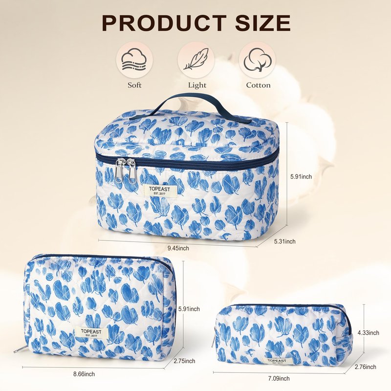 TOPEAST Travel Makeup for Women Girl, 3Pcs Large Cute Quilted Make up Bag Organizer for Purse, Portable Big Cosmetic Brush Pouch with Zipper Compartment, Blue Bow