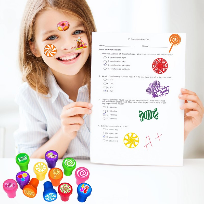 36PCS Candyland Party Favors - 24PCS Temporary Tattoos & 12PCS Stamps - Ideal Sweet Candy Themed Birthday Card Decorations Supplies Goodie Bag Cute Rewards for Boys Girls Classroom Gifts Baby Shower
