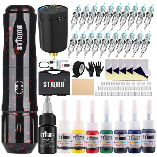 STIGMA Cordless Tattoo Gun Kit Complete with Pro Tattoo Machine Pen, Carrying Case with 1400 mAh Tattoo Battery, 20 Tattoo Cartridge Needles,Tattoo Ink Color Set, Full Tattoo Accessories