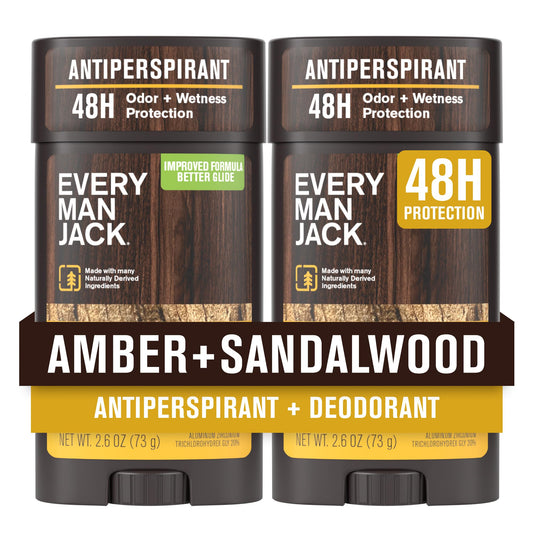 Every Man Jack Men’s Amber + Sandalwood Antiperspirant Deodorant – New & Improved Formula – 48-Hour Odor & Sweat Defense– 2.6 oz (2 Pack)