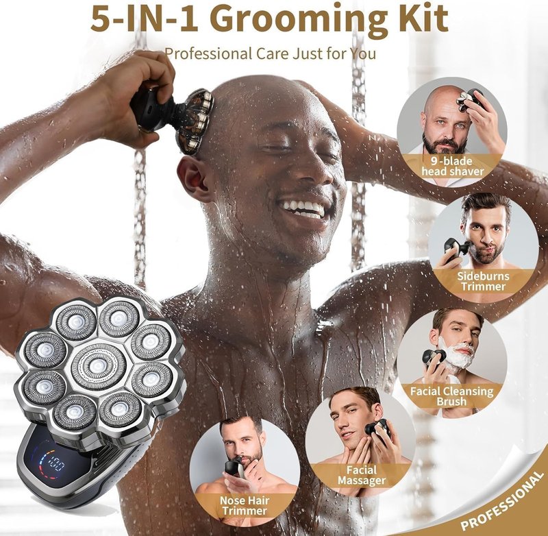 9D Head Shaver for Bald Men - 5-in-1 Electric Razor | IPX6 Waterproof, LCD Display, Type-C Rechargeable Grooming Kit