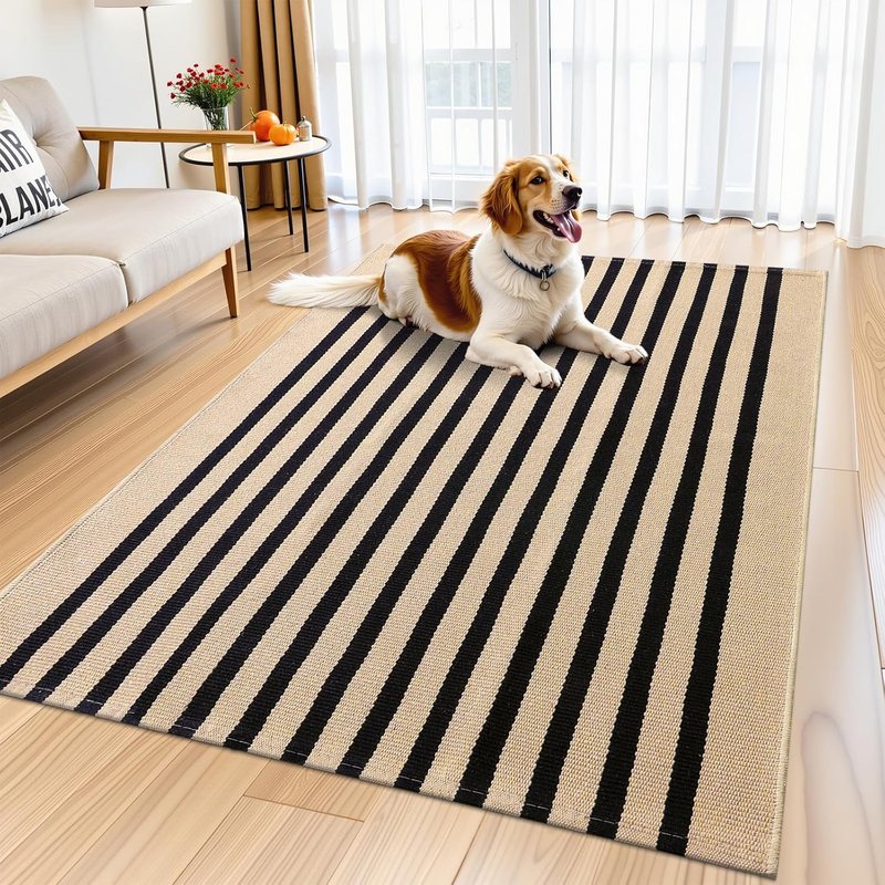 Brown and Black Striped Rug | 4' x 6' Washable Cotton Doormat for Indoor & Outdoor Use