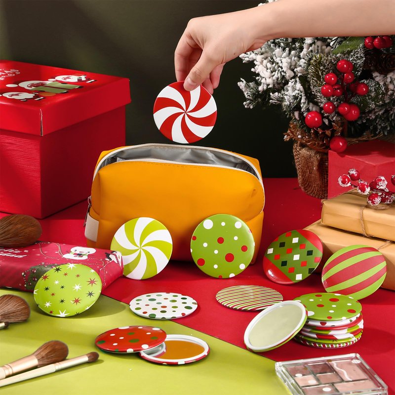 Geetery 36 Pcs 9 Styles Christmas Compact Mirror Bulk Portable Mini Mirror Christmas Makeup Glass Mirror Stocking Stuffers Holiday Decoration for Women Supplies