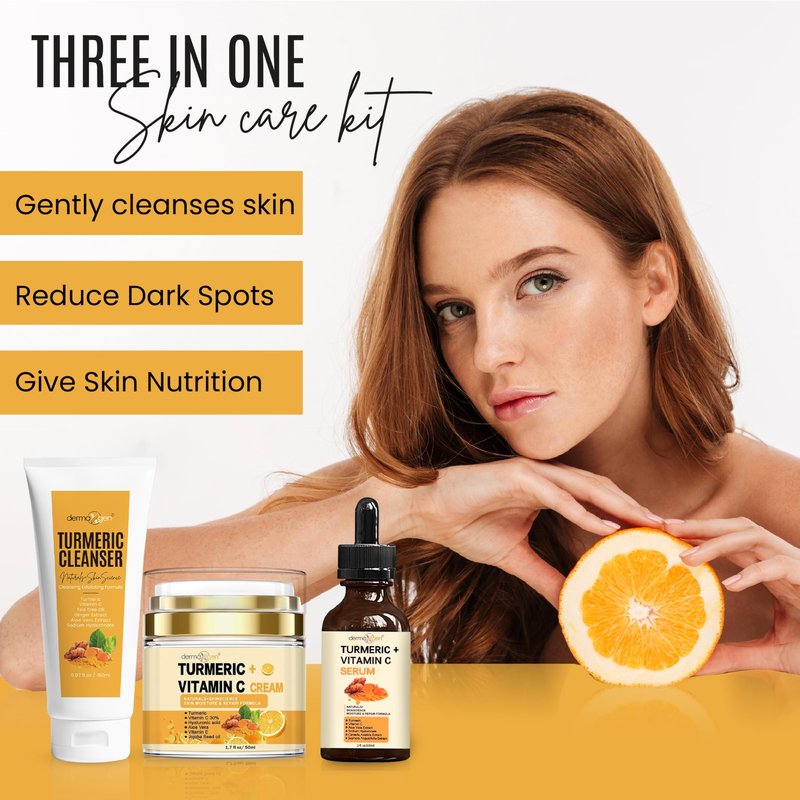 Dermaxgen Turmeric Complete Facial Care Kit - Organic Glowing Skin Anti-Aging, Rejuvenating, Boosting Collagen & Hydrating - Day & Night Brightening Skincare Gift Set