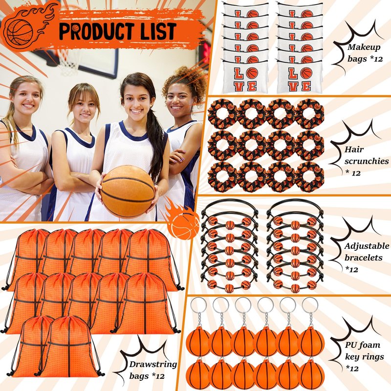 Locmeo 60 Pcs Basketball Party Favors Include 12 Drawstring Bags 12 Makeup Bags 12 Decompression Keychains 12 Basketball Charm Bracelets 12 Hair Scrunchies for Team Women(White)