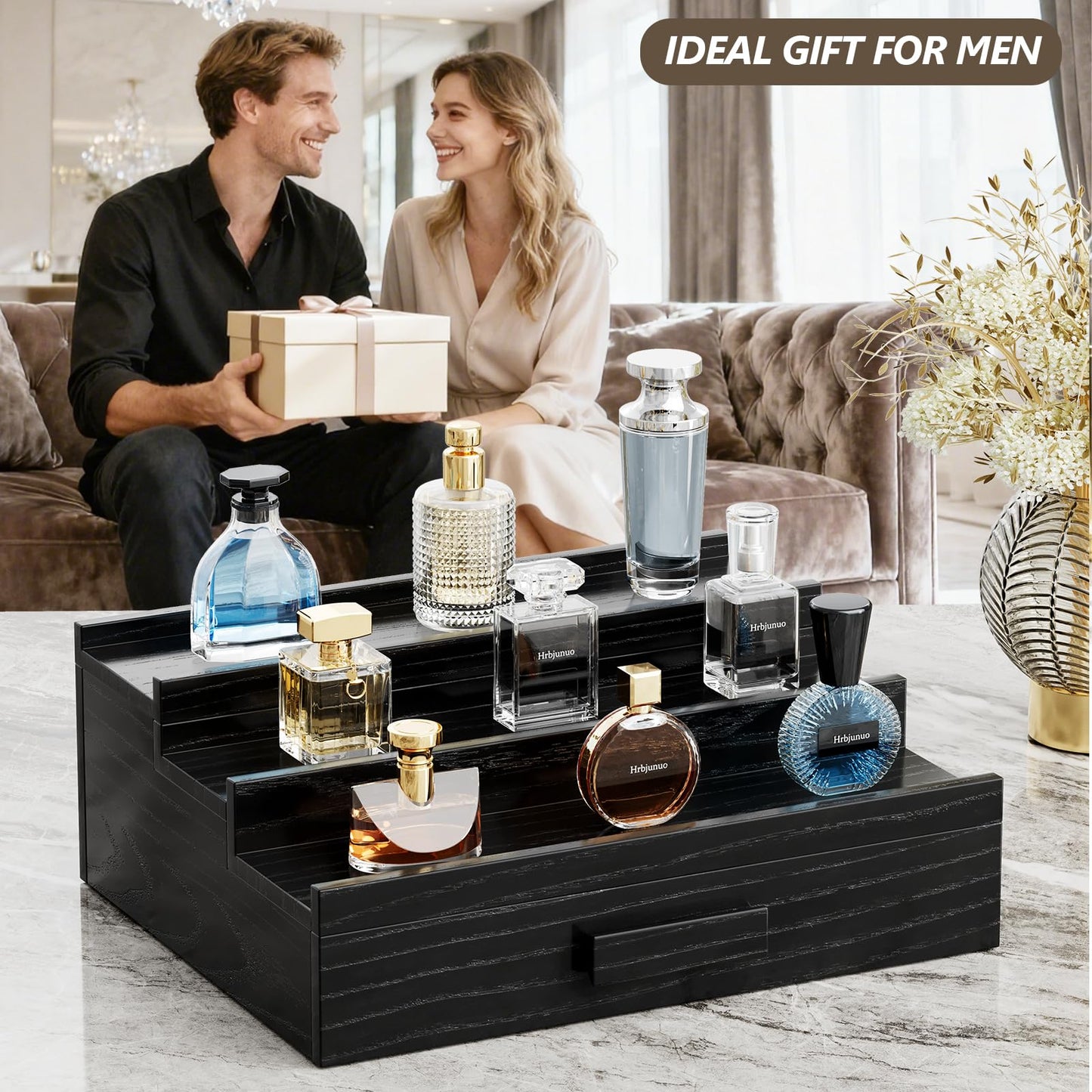 Hrbjunuo Solid Walnut Cologne Organizer for Men,3 Tier Cologne Stand,Wooden Cologne Holder Display Shelf with Drawer Storage and Hidden Compartment,Black Perfume Stand Organizer,Gifts for Men Husband