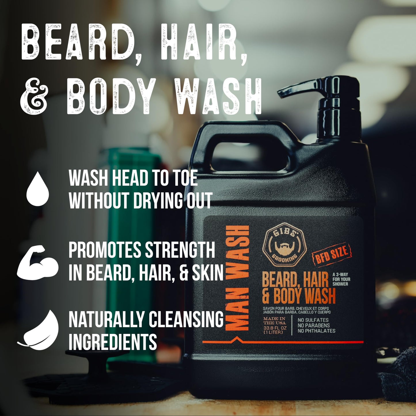 GIBS Grooming - Original Man Wash (12 fl oz) 3-in-1 Beard, Hair, Body Soap - Citrus, Oak, Basil Scent - Sulfate Free - Tea Tree Oil, Hemp Oil, Protein - Mens Body Wash & Mens Shampoo - Made in USA