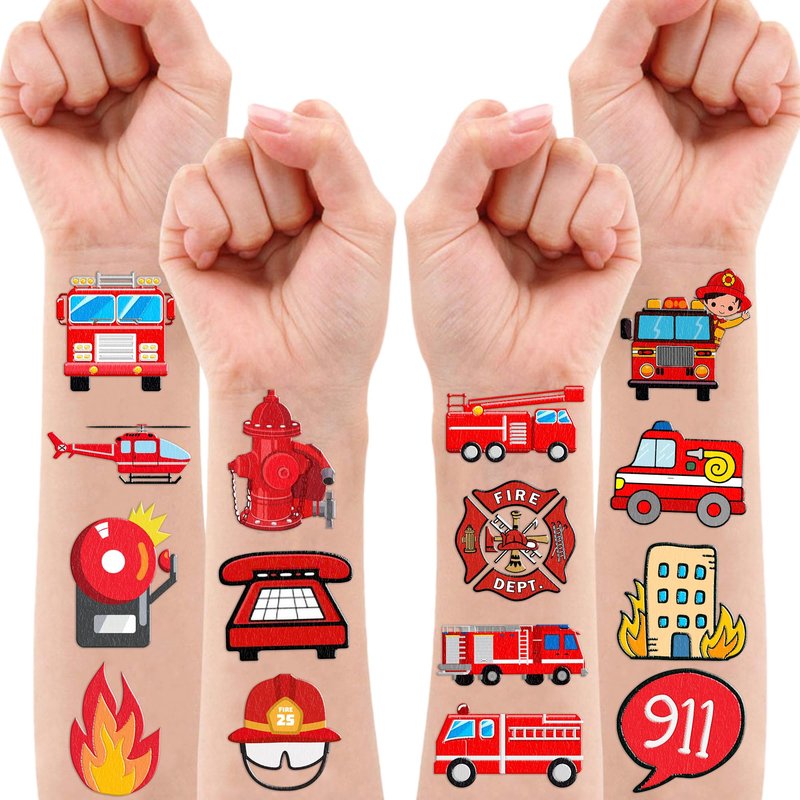100 PCS Firetruck Temporary Tattoos for Kids - Firefighter Theme Birthday Party Supplies, Firehouse Stickers Favors & Decorations for Boys Girls School Rewards