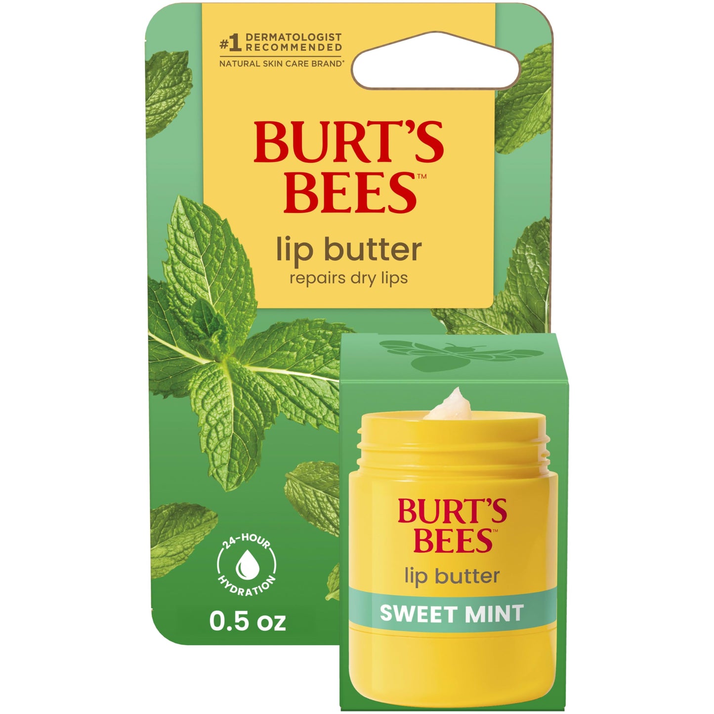 Burt's Bees Sweet Mint Lip Butter, Repairs Dry Lips, 24 Hour Hydration, Locks in Moisture, Includes Shea and Mango Butters, Antioxidant Rich Vitamin E, Convenient Twist Up Dispenser, 0.5 Oz.