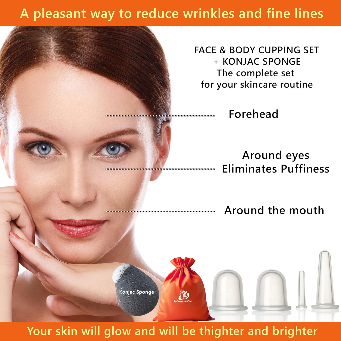 DoSensePro Silicone Facial Cupping Set - 4 Cups for Face, Neck & Jaw, TMJ Tension, Lymphatic Drainage, Anti-Puffiness & Cellulite, Medical-Grade Kit with Konjac Sponge, Storage Bag & Guide