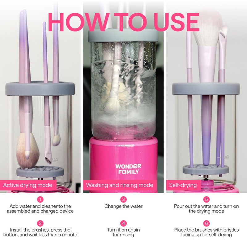 Electric Makeup Brush Cleaner – Automatic Brush Washer for Brushes & Sponges, USB Rechargeable Cleaning Machine with Silicone Disk, Portable Holder Stand (Pink) (Pink)