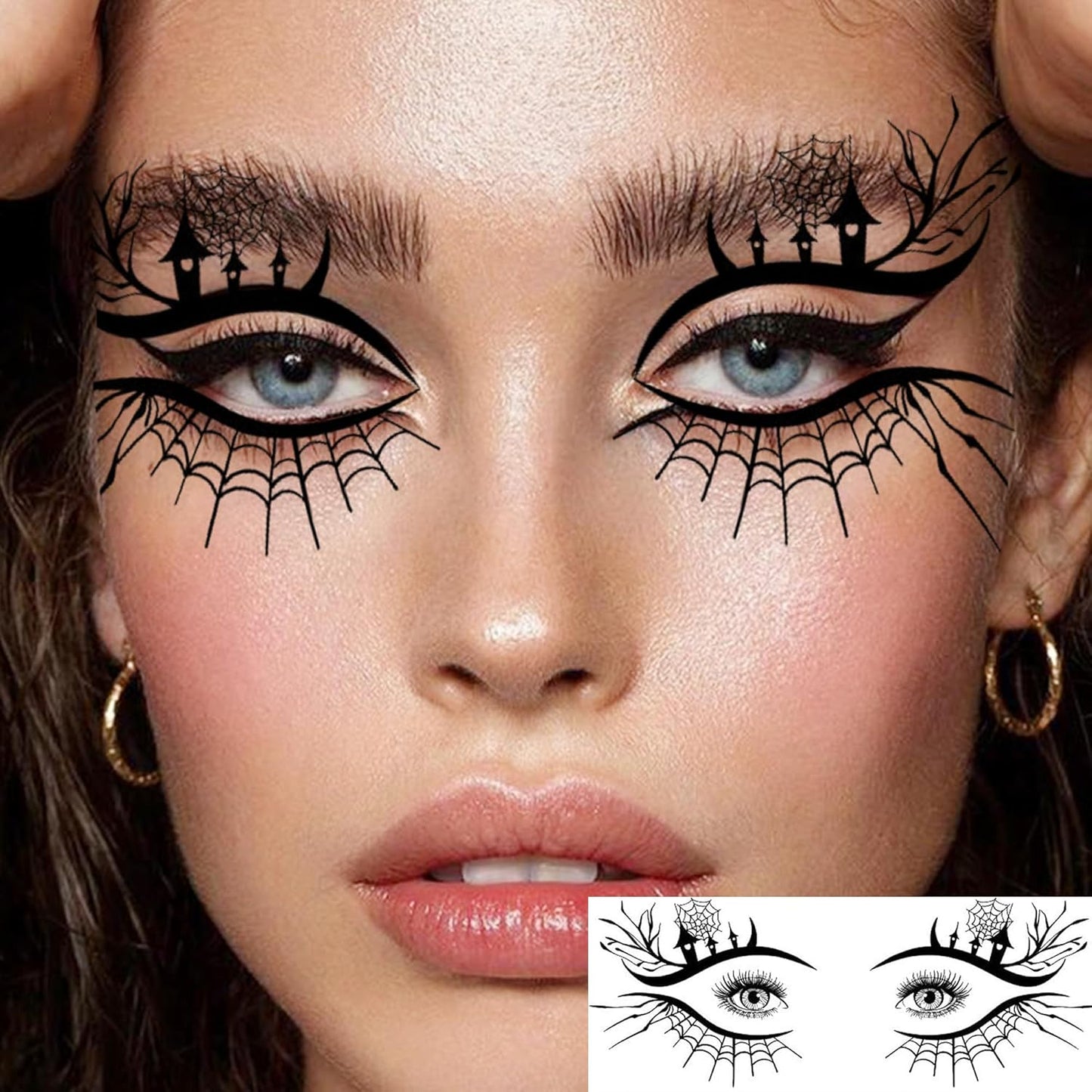 Halloween Eye Shadow Temporary Tattoos - 7 Sheets of 3D Spider Web & Cat Skull Designs | Fun Makeup Accessories for All Ages