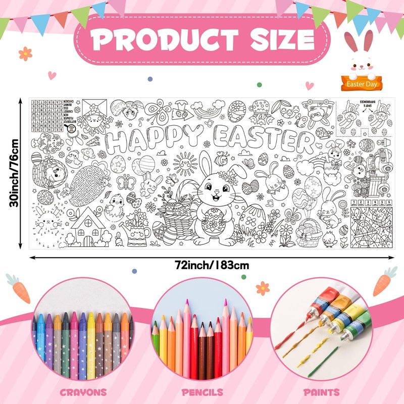Easter Giant Coloring Poster/Tablecloth, 30 x 72 Inch Jumbo Craft for Kids Art Crafts Paper Banner Kids Games Activities,Coloring Tablecloth Crafts for Easter Classroom Wall School Home Parties