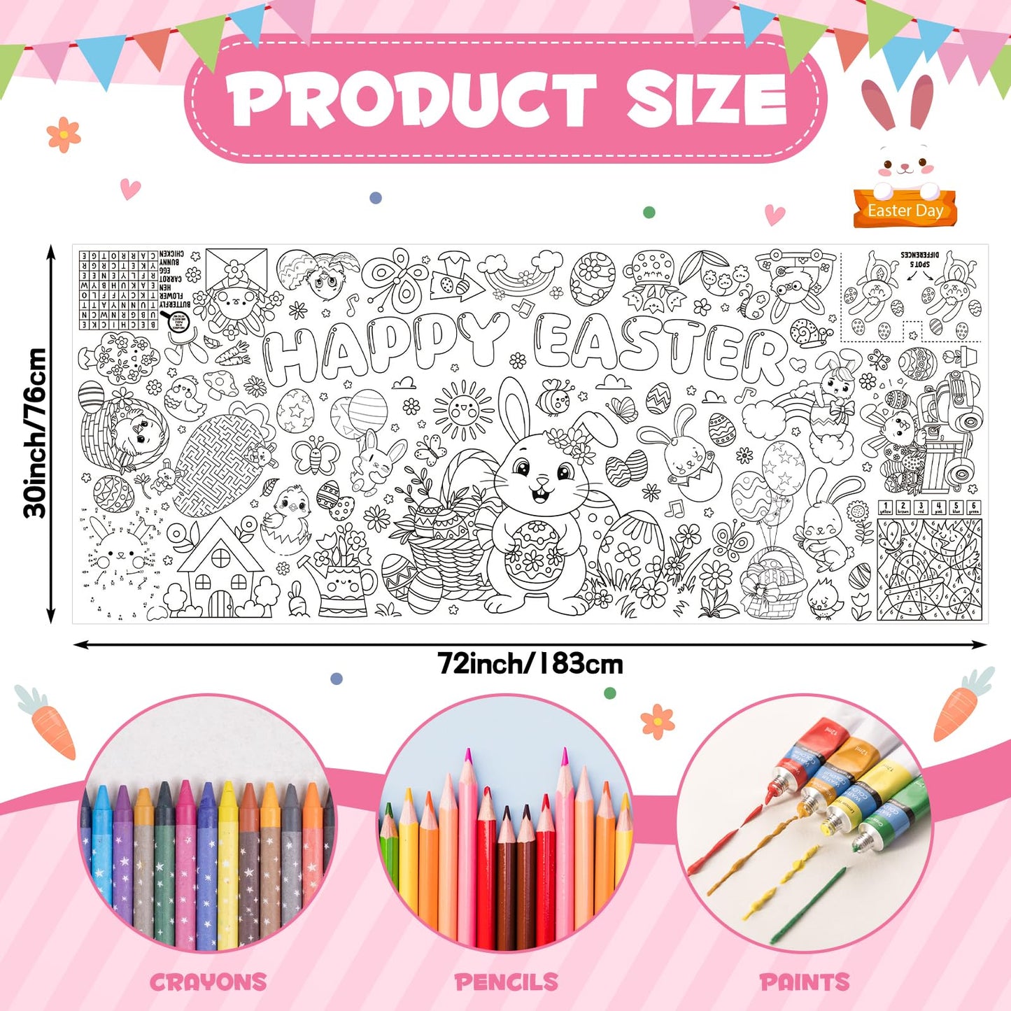 Easter Giant Coloring Poster/Tablecloth, 30 x 72 Inch Jumbo Craft for Kids Art Crafts Paper Banner Kids Games Activities,Coloring Tablecloth Crafts for Easter Classroom Wall School Home Parties