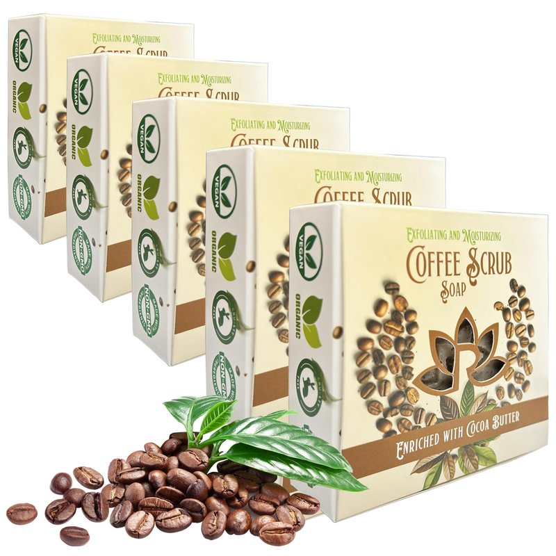 Relaxcation Handmade Coffee Scrub Soap Bar – Natural Exfoliating Soap with Fresh Ground Coffee, Cocoa Butter & Latte Aroma – Cold Process Body Scrub Bar - (5 bars)
