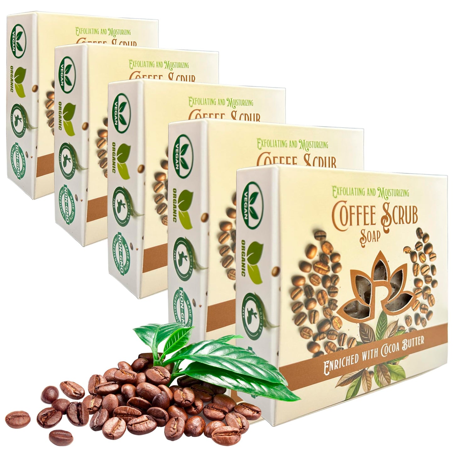 Relaxcation Handmade Coffee Scrub Soap Bar – Natural Exfoliating Soap with Fresh Ground Coffee, Cocoa Butter & Latte Aroma – Cold Process Body Scrub Bar - (5 bars)