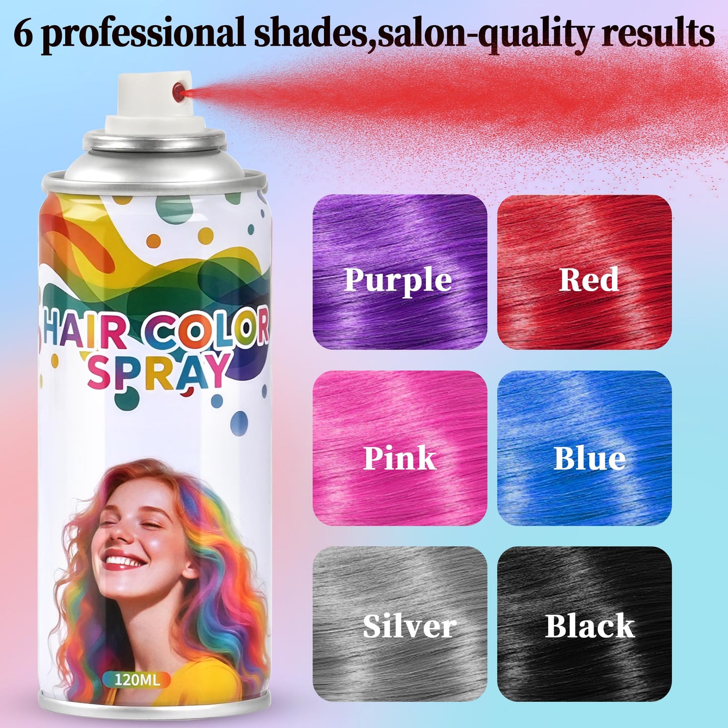 6 Pack Hair Spray,Purple red pink black blue and gray hair spray temporary for Women Kids Men, Washable Temporary,For Cosplay Christmas Party