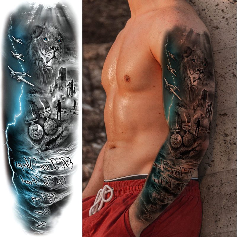 Military Tempoary Tattoo Sleeves For Men, Large Full Arm Warrior Soldier Patriotic Fake Tattoo Sleeves Adult Women, Waterproof Black Lion Gun Warrior Temp Tatoo Sticker Leg Body Art Makeup, 8-Sheet