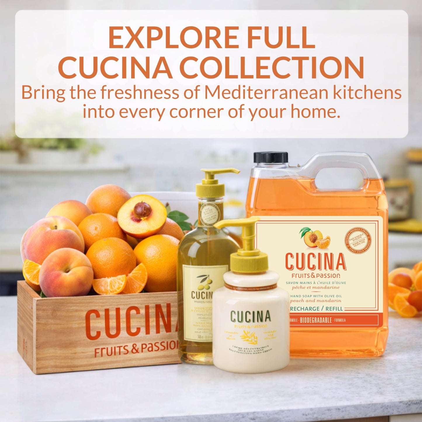 Cucina Fruits & Passion Hand Soap Refill, Peach & Mandarin, 1 L (33.8 fl oz), Liquid Hand Soap with Moisturizing Olive Oil, Biodegradable, Vegan Formula, Kitchen & Bathroom