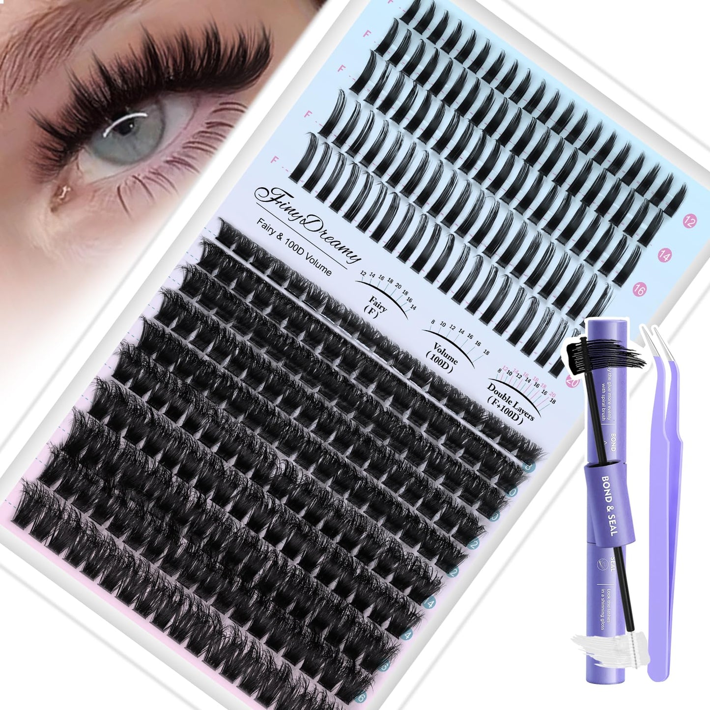 Lash Clusters Kit with Spikes 100D Wispy Long 8-20mm Lash Spikes DIY Thick Cluster Eyelash Extensions Spiky Manga Individual Lashes 280pcs Fairy with Bond & Seal, Tweezers