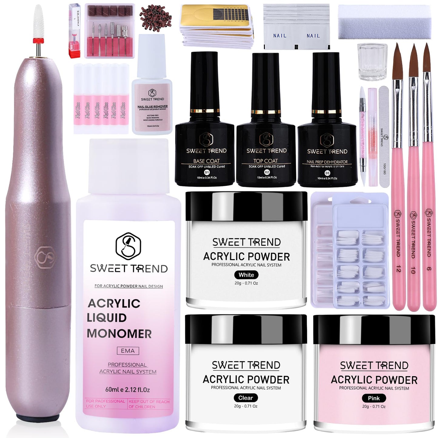 Acrylic Nail Kit with Drill: 20g Clear White Pink Acrylic Powder and Liquid