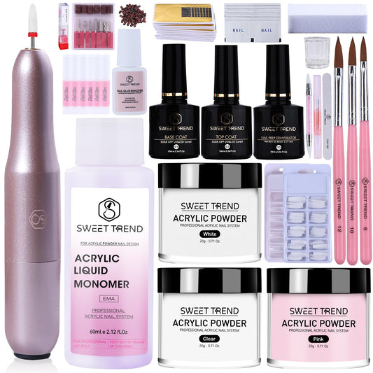 Acrylic Nail Kit with Drill: 20g Clear White Pink Acrylic Powder and Liquid
